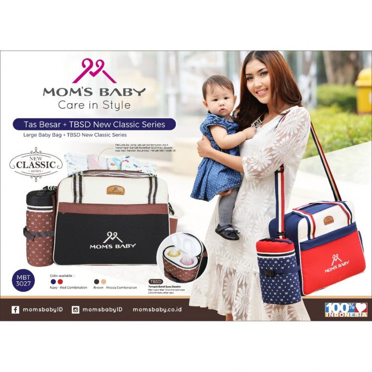 Tas Bayi Besar + Tempat Botol Susu New Classic Series Moms Baby / Tas Perlengkapan Bayi / Diapers Bag Bayi / Tas Traveling Bayi /