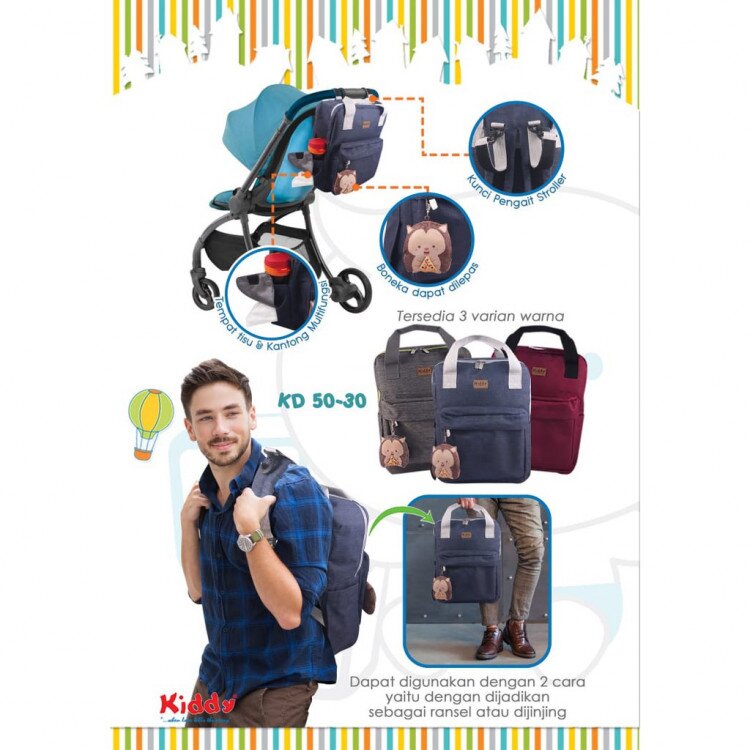 Kiddy Tas Bayi Ransel 2 in 1 / Tas Perlengkapan Bayi / Diapers Bag Bayi / Tas Traveling Bayi / Tas Baby Carrier Bayi