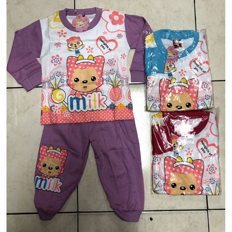 Baju Tidur Kaos / Piyama Anak Lengan Panjang Milk (1-3 tahunan)