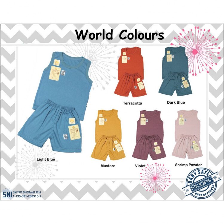Baju Setelan Anak Singlet Ridges Polos Warna World Colours / Baju Bayi Adem Lembut ber-SNI