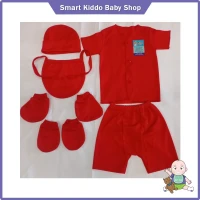 Setelan Baju Bayi Set Merah (Baju Pendek + Celana Pendek + Topi + Slaber + Sarung Tangan + Sarung Kaki) / Baju Bayi Adem Newborn