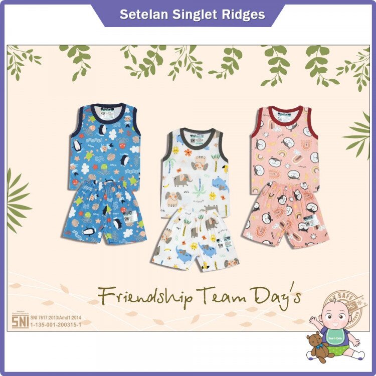 Baju Setelan Anak Singlet Ridges Motif Friendship Team Days - Baju Bayi Adem Lembut ber-SNI - Setelan Baju Bayi