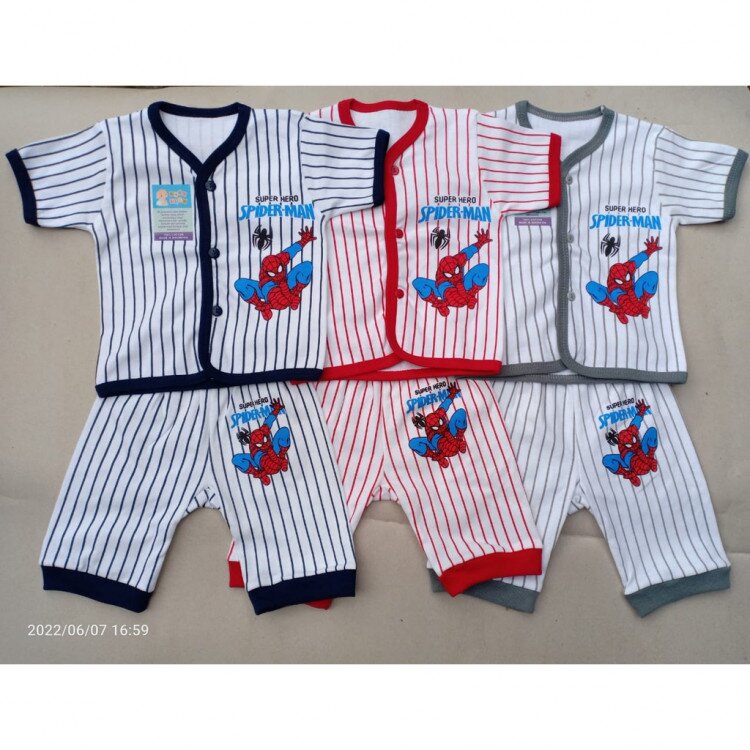 Setelan Baju Bayi Newborn Panjang atau Pendek / Piyama Bayi Newborn / Setelan Baju Bayi Pendek Adem Salur Spiderman/ Baju Santai Anak Salur Spiderman Baby