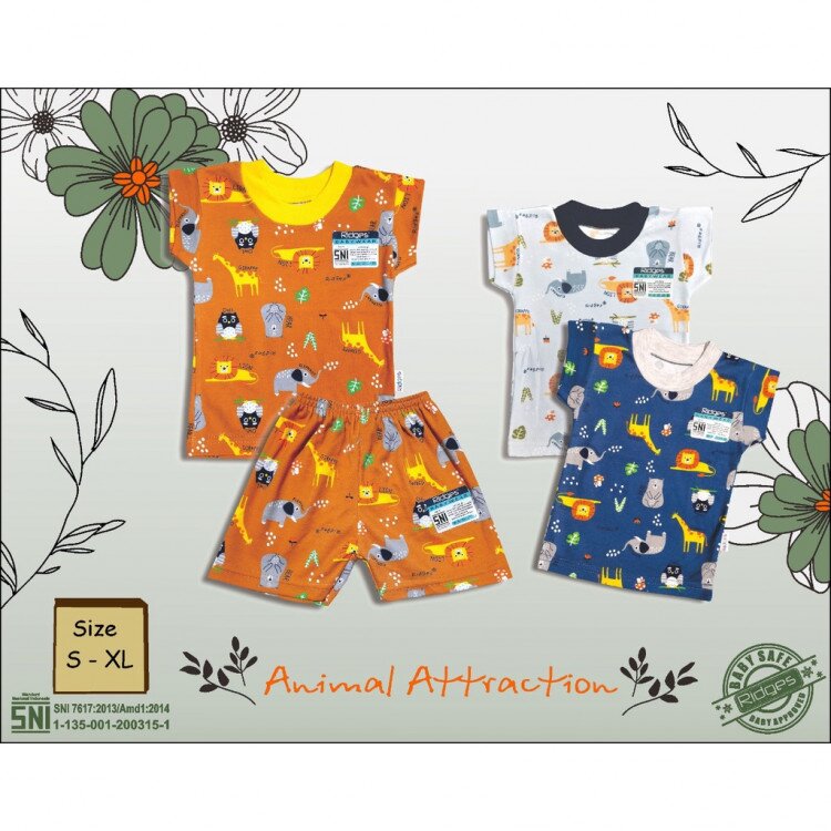 Baju Setelan Kaos Anak Ridges Motif Animal Attraction SNI / Pakaian Bayi Adem dan Lembut ber-SNI