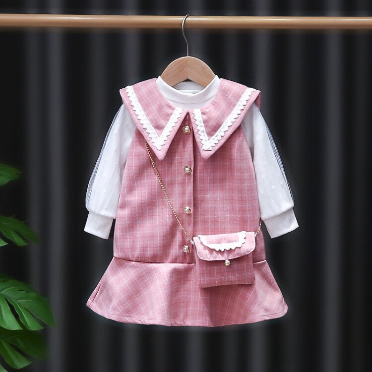 Dress Anak Perempuan Ala Korea Pink Kerah 22110032-35 / Terusan Gaun Cewek Lengan Panjang / Fashion Anak Perempuan / Baju Anak Perempuan Lebaran