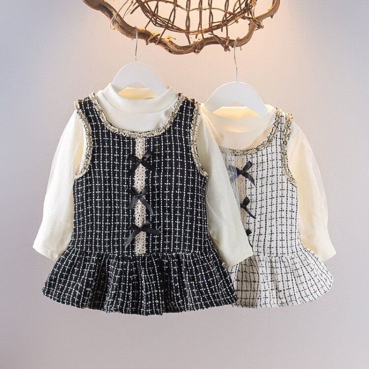 Terusan Gaun Anak Perempuan Lengan Panjang Kotak Pita Kecil / Dress Anak Perempuan / Fashion Anak Perempuan / Baju Imlek Lebaran