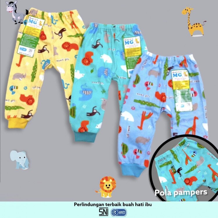 Celana Panjang Bayi Moms Gift Murah dan Adem 3pcs S M L XL (Pola Diapers)