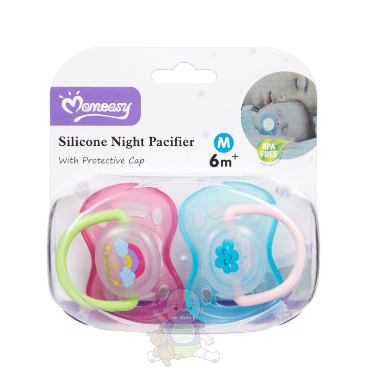Empeng Bayi 2pcs MomEasy plus Kotak / Silicone Pacifier Glow in the Dark  (Empeng Bulat Pipih)