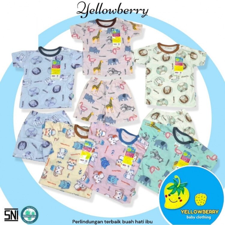 Setelan Baju Bayi Pendek Kancing Pundak Yellow Berry / Baju Santai Anak / Setelan Oblong Anak Unisex