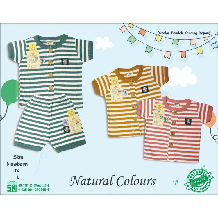 Paket Setelan Baju Bayi Pendek Kancing Depan RIDGES Salur 3pcs Newborn - 1 tahunan SNI / Piyama Anak Adem Anak 0-1 tahunan/ Baju Santai Anak