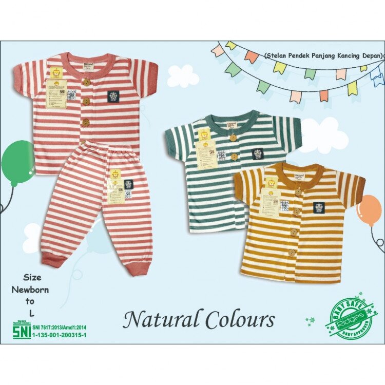 Setelan Baju Bayi Pendek Panjang Kancing Depan RIDGES Salur Newborn - 1 tahunan SNI / Piyama Anak Adem Anak 0-1 tahunan/ Baju Santai Anak /