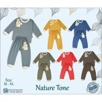 Paket Baju Setelan Oblong Panjang Anak Kancing Pundak 3pcs Polos / Baju Tidur Anak / Piyama Anak Ridges Polos Nature Tone