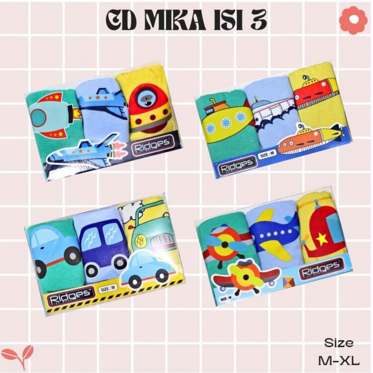 Celana Dalam Anak Ridges Cowok 3pcs (Motif Random Transportation) / Calana Dalam Anak Laki-Laki
