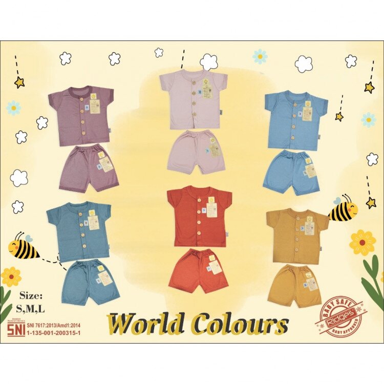 Paket Setelan Baju Bayi Pendek Kancing Depan RIDGES Polos World Colour 3pcs Newborn - 1 tahunan SNI / Piyama Anak Adem Anak 0-1 tahunan/ Baju
