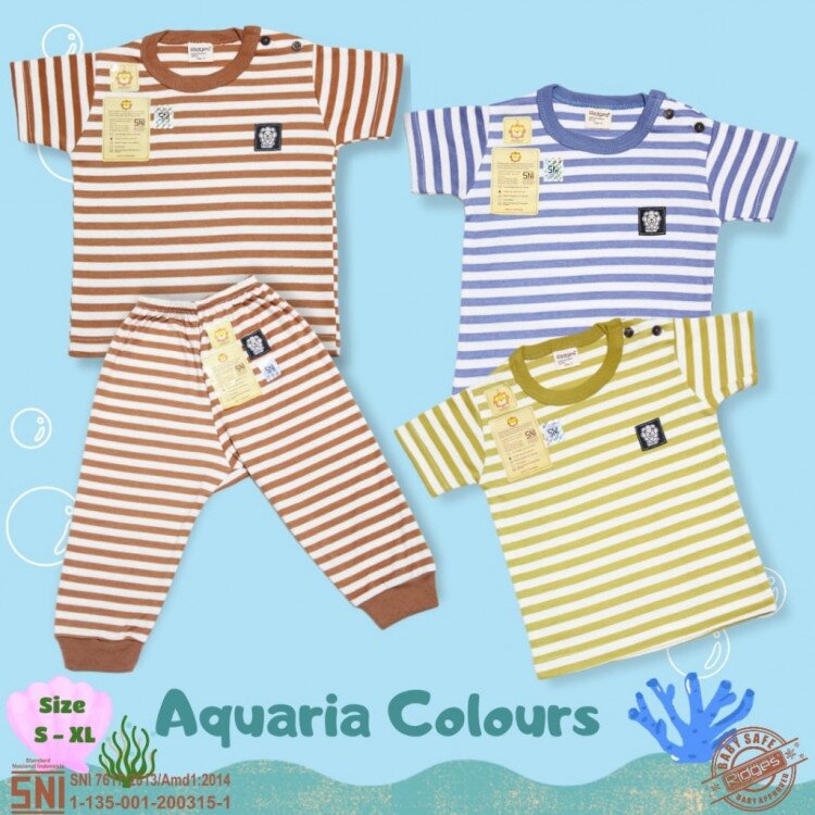 PROMO Paket Baju 3pcs Setelan Piyama Anak Bayi Salur Ridges Natural Aquaria Colours Royal Marine ber-SNI / Baju Anak Kancing Pundak Halus dan Adem/ Baju
