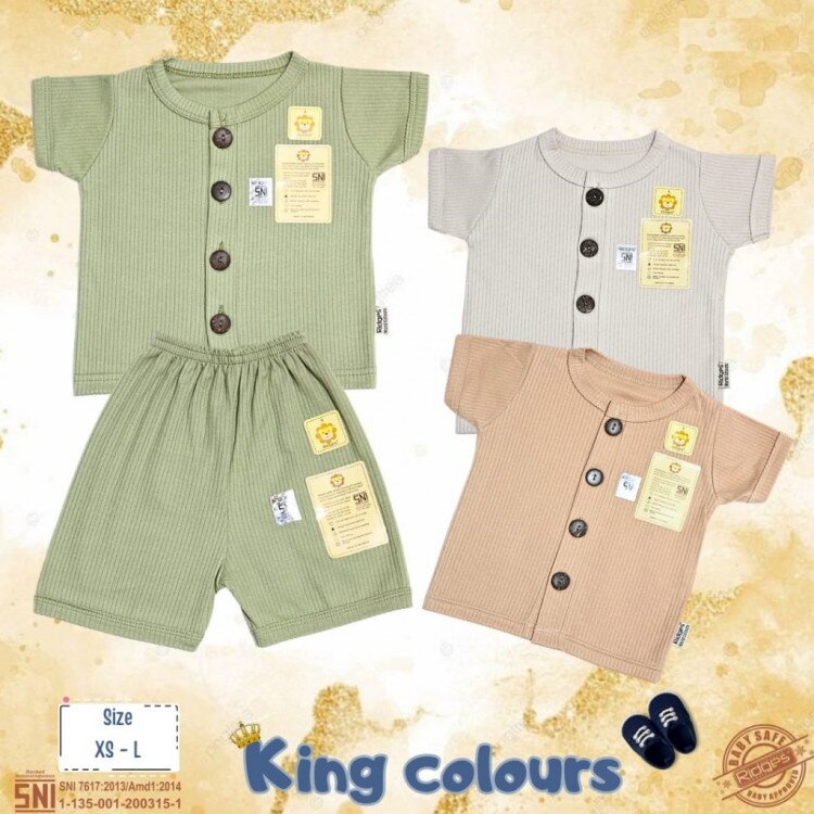 Paket Setelan Baju Bayi Pendek Kancing Depan RIDGES Polos King Colours 3pcs Newborn - 1 tahunan SNI / Piyama Anak Adem Anak 0-1 tahunan/ Baju