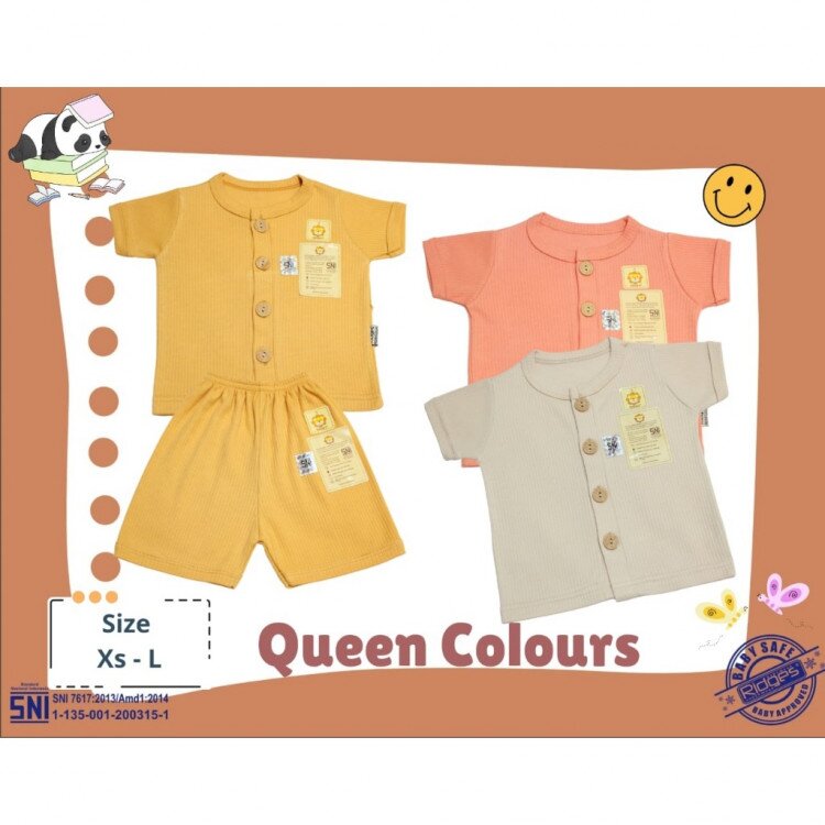 Paket Setelan Baju Bayi Pendek Kancing Depan RIDGES Polos Queen Colours 3pcs Newborn - 1 tahunan SNI / Piyama Anak Adem Anak 0-1 tahunan/ Baju