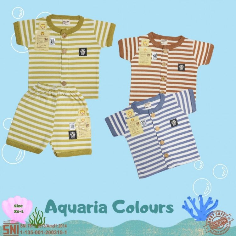 Setelan Baju Bayi Pendek Panjang Kancing Depan RIDGES Salur Aquaria Newborn - 1 tahunan SNI / Piyama Anak Adem Anak 0-1 tahunan/ Baju Santai Anak