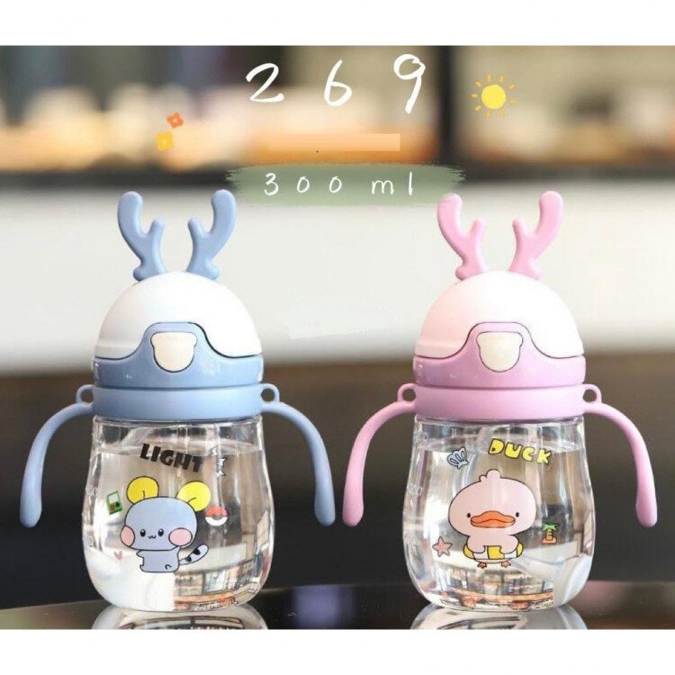 Botol Minum Anak Sedotan Tanduk Bergagang 300ml / Botol Minum Sedotan Tali Panjang / Botol Minum Training Cup Anak