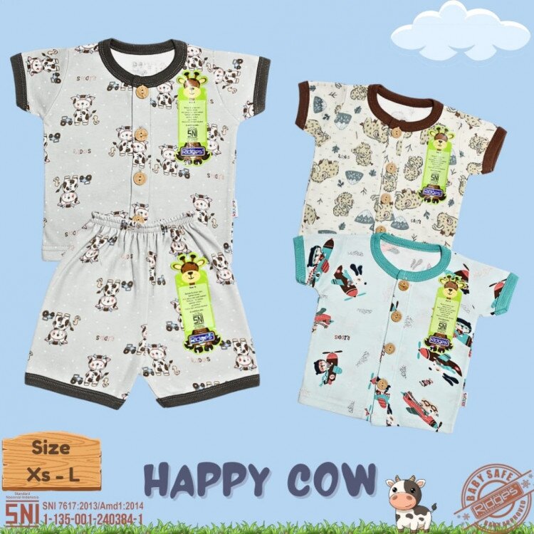 Paket Setelan Baju Bayi Pendek Kancing Depan RIDGES Happy Cow 3pcs Newborn - 1 tahunan SNI / Piyama Anak Adem Anak 0-1 tahunan/ Baju Santai