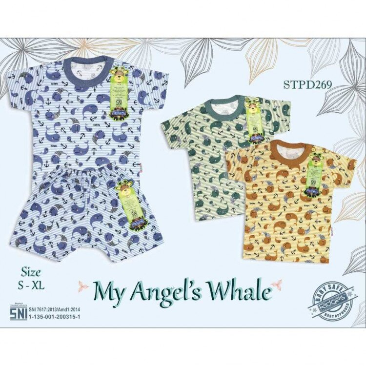 Paket Setelan Baju Bayi Pendek Kancing Pundak Ridges My Angel Whale / Baju Santai Anak / Setelan Oblong Anak Unisex