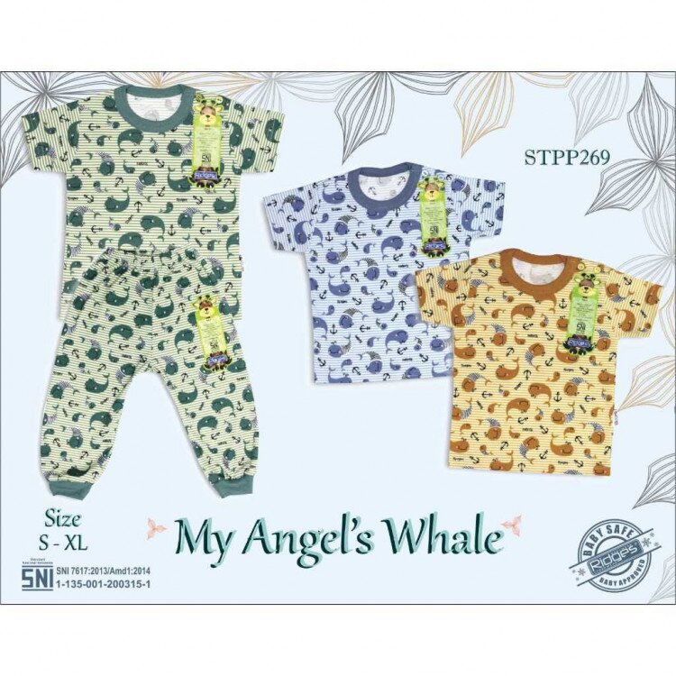 Setelan Baju Bayi Ridges My Angel Whale / Baju Anak Kancing Pundak Halus dan Adem / Baju Tidur Anak Nyaman Dipakai / Piyama Anak Unisex