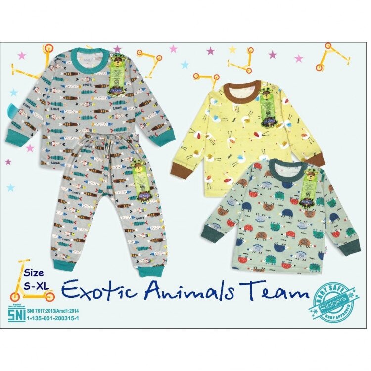 Setelan Oblong Panjang Anak Kancing Pundak Ridges Exotic Animals SNI / Baju Tidur Anak Adem dan Halus / Piyama Anak Ridges Nyaman dipakai