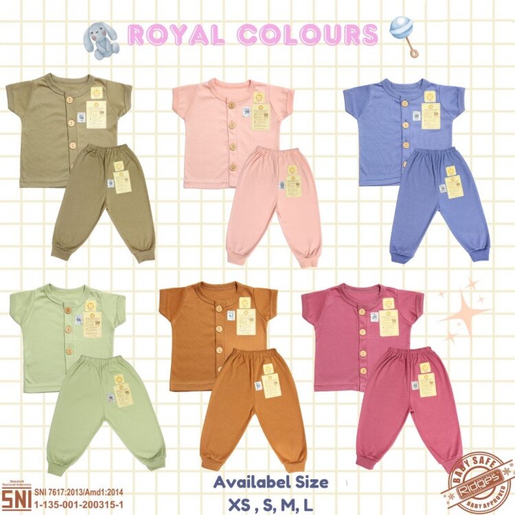 Setelan Baju Bayi Pendek Panjang Kancing Depan RIDGES Royal Colours Newborn - 1 tahunan SNI / Piyama Anak Adem Anak 0-1 tahunan/ Baju Santai Anak