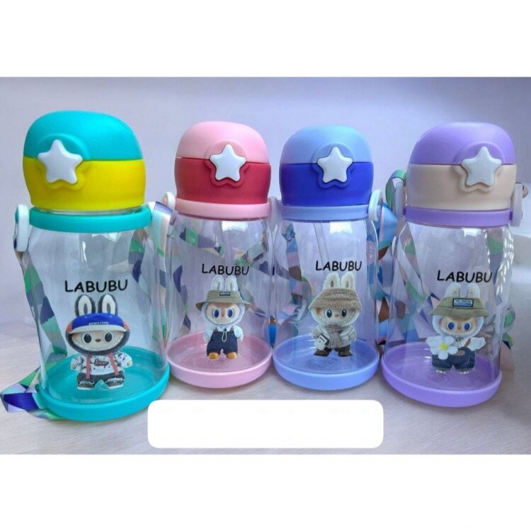 Botol Minum Anak Sedotan Tanduk Labubu 600ml / Botol Minum Anak Sekolah Tali Panjang / Botol Minum Lucu