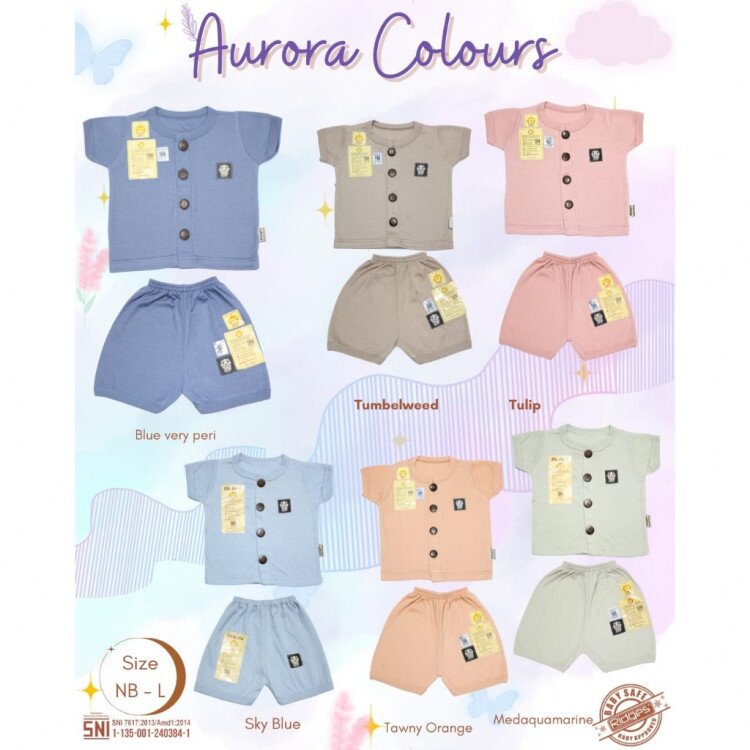 Paket Setelan Baju Bayi Pendek Kancing Depan RIDGES Polos Aurora COlours 3pcs Newborn - 1 tahunan SNI / Piyama Anak Adem Anak 0-1 tahunan/ Baju