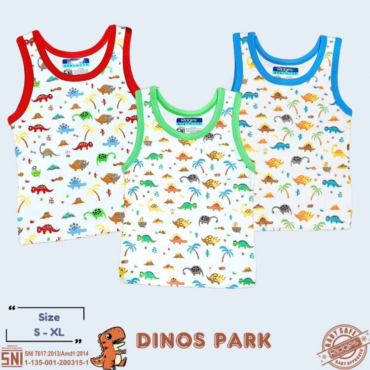 Promo Paket Baju Atasan Singlet Anak Ridges Motif Dino's Park 3pcs SNI