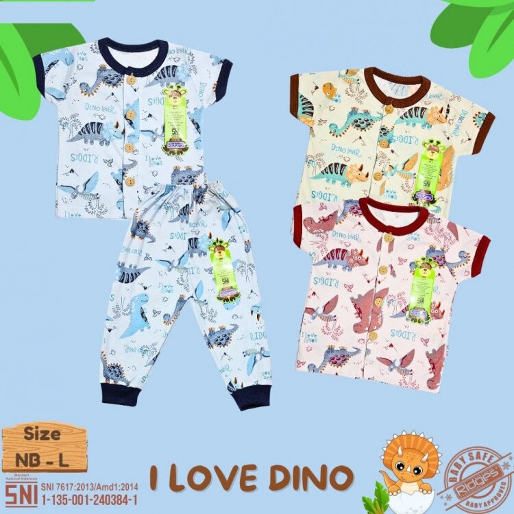 Paket Setelan Baju Bayi Pendek Panjang Kancing Depan RIDGES I Love Dino 3pcs Newborn - 1 tahunan SNI / Piyama Anak Adem Anak 0-1 tahunan/