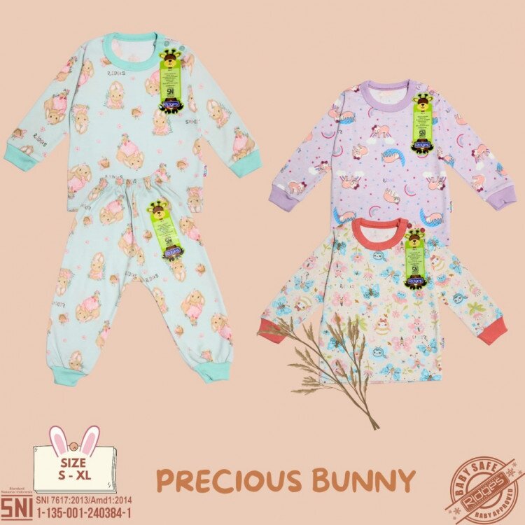 Setelan Oblong Panjang Anak Kancing Pundak Ridges Precious Bunny SNI / Baju Tidur Anak Adem dan Halus / Piyama Anak Perempuan Ridges Nyaman dipakai