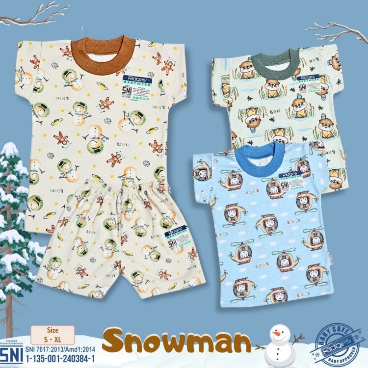 Paket Setelan Baju Bayi Pendek Ridges Snowman / Baju Santai Anak / Setelan Kaos Anak Ridges SNI Adem