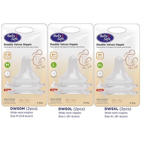 Baby Safe Silicone Nipple Wide Neck Skin Feel 2pcs / Dot Bayi Wide Neck Lembut Skin Feel (Double Valves Wide Neck Nipple)