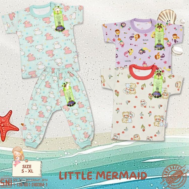 Setelan Baju Bayi Ridges Little Mermaid/ Baju Anak Kancing Pundak Halus dan Adem / Baju Tidur Anak Nyaman Dipakai / Piyama Anak Perempuan Motif ber