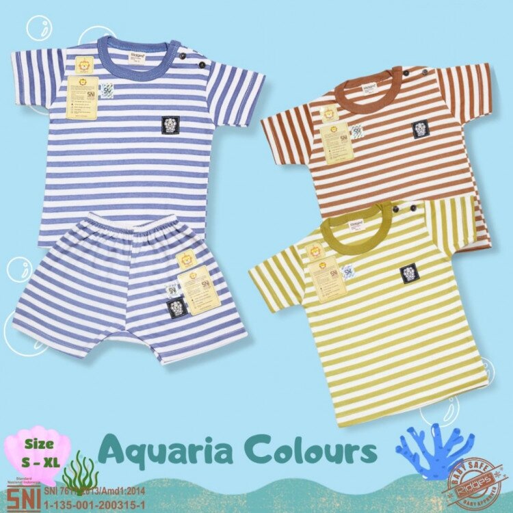 Paket Setelan Baju Bayi Pendek Kancing Pundak Ridges Aquaria Colours / Baju Santai Anak / Setelan Oblong Anak Unisex