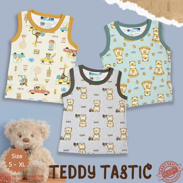Promo Paket Baju Atasan Singlet Anak Ridges Motif Teddy Tastic 3pcs SNI