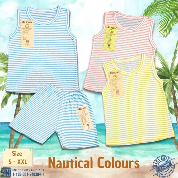 Paket Baju Bayi Setelan Singlet Kutung Kaos Anak Ridges 3pcs Nautical Colours / Setelan Bayi Kutung / Setelan Bayi Laki-laki dan Perempuan / Baju Bayi