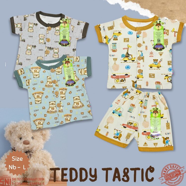 Setelan Baju Bayi Pendek Panjang Kancing Depan RIDGES Teddy Tastic Newborn - 1 tahunan SNI / Piyama Anak Adem Anak 0-1 tahunan/ Baju Santai Anak