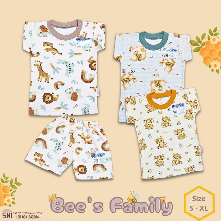 Paket Setelan Baju Bayi Pendek Ridges Bees Family / Baju Santai Anak / Setelan Kaos Anak Ridges SNI Adem