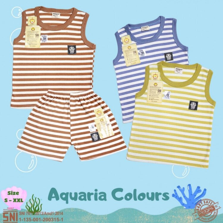 Paket Baju Bayi Setelan Singlet Kutung Anak Ridges Aquaria Colours / Setelan Bayi Kutung / Setelan Bayi Laki-laki dan Perempuan Santai Anak