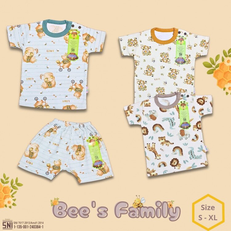 Setelan Baju Bayi Pendek Anak Kancing Pundak Motif Bees Family SNI / Baju Santai Anak / Setelan Oblong Anak Ridges