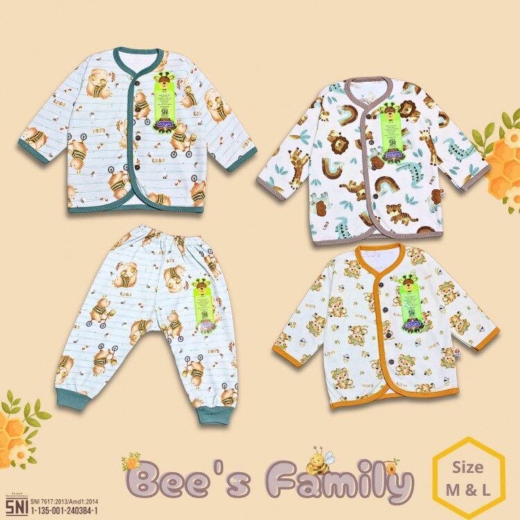 PROMO Setelan Bayi Panjang Bees Family / Baju Tidur Anak / Piyama Anak Ridges Kancing Depan SNI