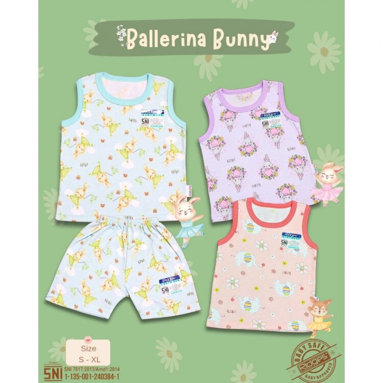 Paket Baju Bayi Setelan Singlet Kutung Anak Ridges 3pcs Ballerina Bunny / Setelan Bayi Kutung / Setelan Bayi Anak Perempuan / Baju Bayi adem /