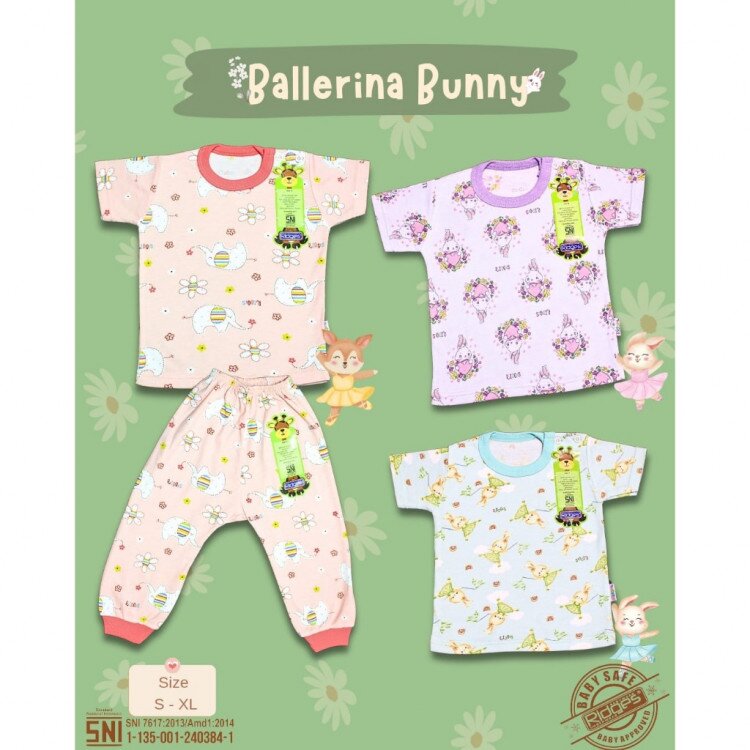 Setelan Baju Bayi Ridges Ballerina Bunny / Baju Anak Kancing Pundak Halus dan Adem / Baju Tidur Anak Nyaman Dipakai / Piyama Anak Perempuan Motif