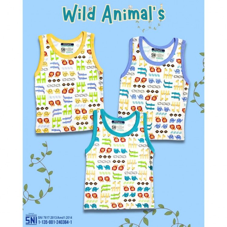 Promo Paket Baju Atasan Singlet Anak Ridges Motif Wild Animals 3pcs SNI