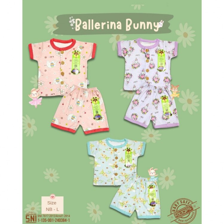 Paket Setelan Baju Bayi Pendek Kancing Depan RIDGES Ballerina Bunny 3pcs Newborn - 1 tahunan SNI / Piyama Anak Adem Anak Perempuan 0-1 tahunan/ Baju
