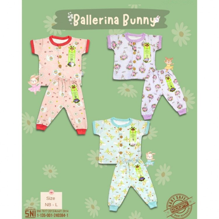 Setelan Baju Bayi Pendek Panjang Kancing Depan RIDGES Ballerina Bunny Newborn - 1 tahunan SNI / Piyama Anak Adem Anak 0-1 tahunan / Baju Santai