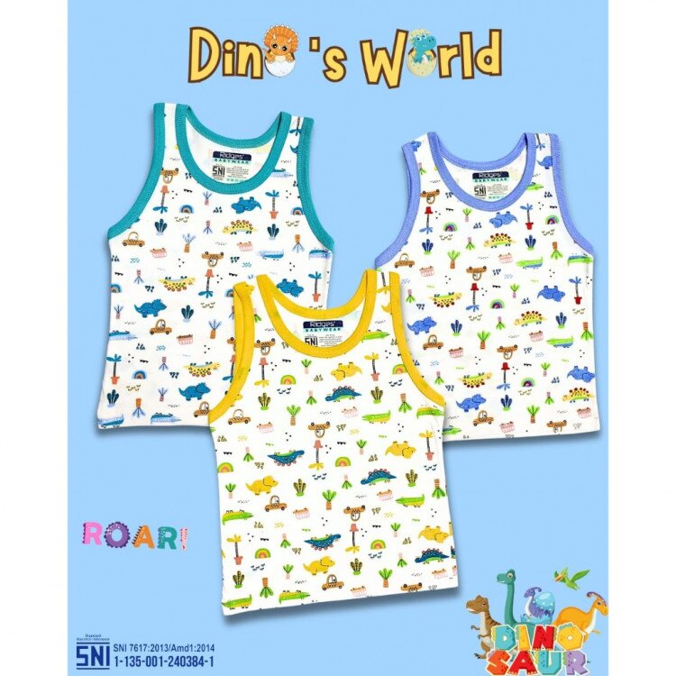 Promo Paket Baju Atasan Singlet Anak Ridges Motif Dino's World 3pcs SNI
